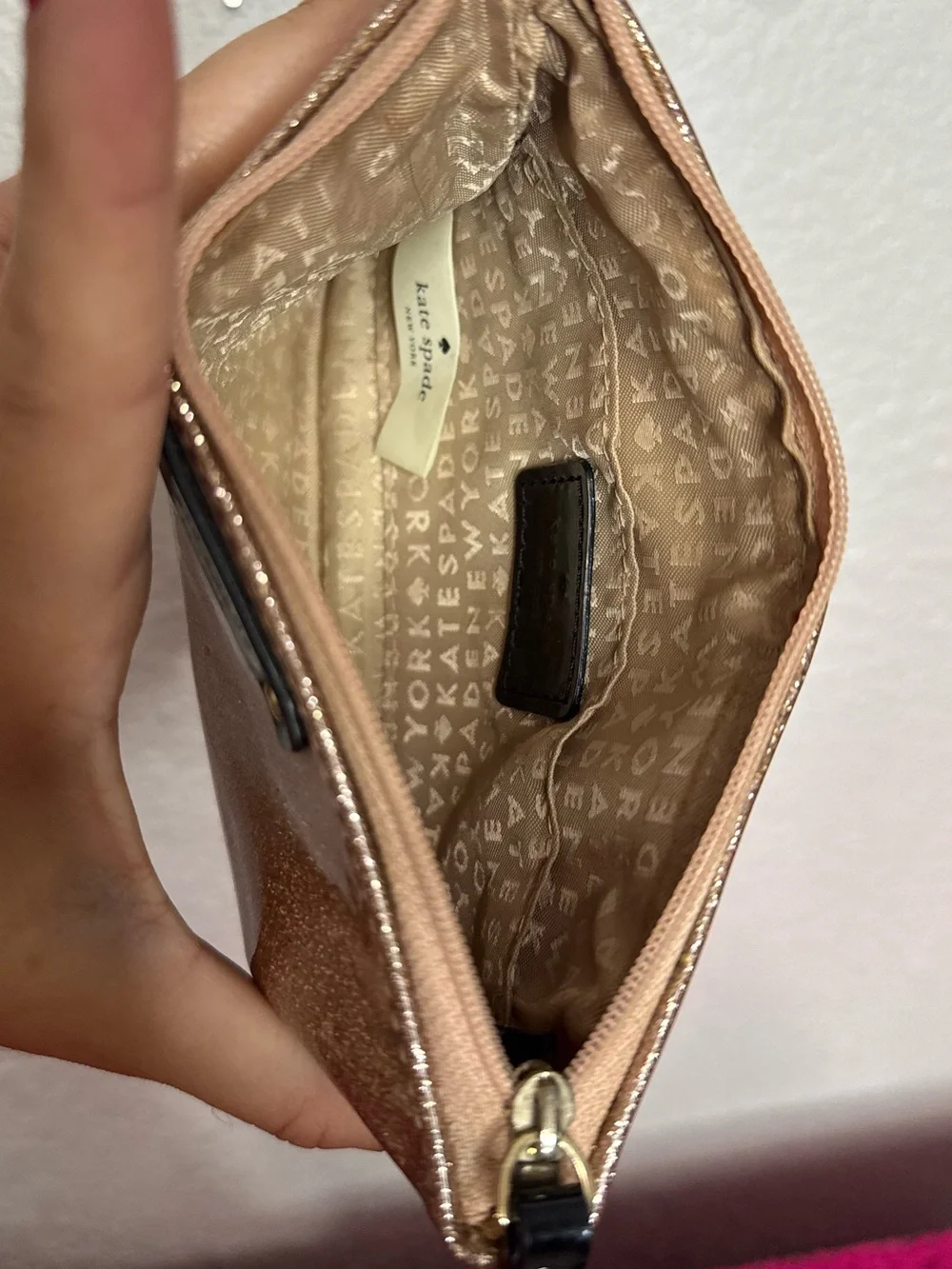 KATE SPADE 🌹🌟 Rose Gold Sparkly Glitter Zip Pouch, Mini Clutch Purse - 4 x 6”